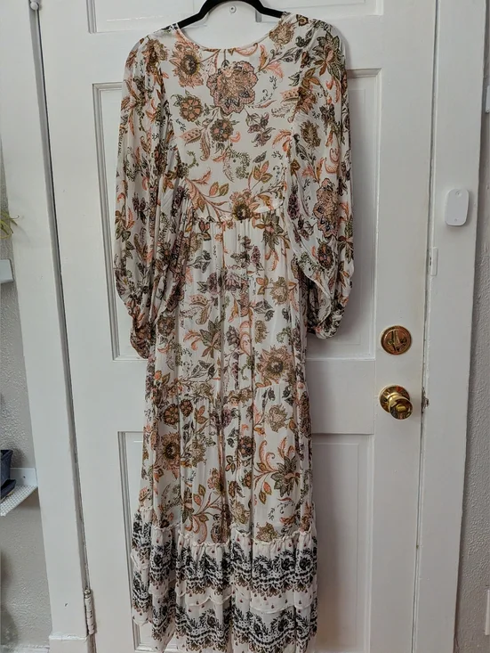 Anthropologie Boho Floral Maxi Dress Balloon Sleeve V-Neck Size SP - Picture 7 of 7